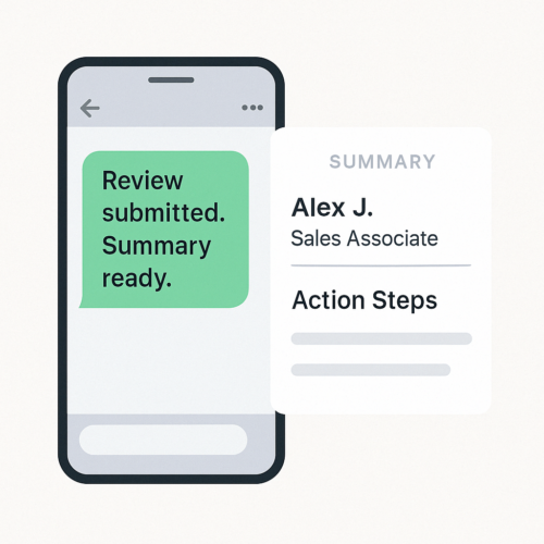 SprintBox Automates Review Collection and Summary SprintBox WhatsApp message and review summary card showing automated employee performance review