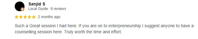 Google review from entrepreneur praising Varada Innovate business counseling session
